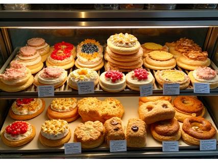 다양한 빵과 페이스트리가 진열된 쇼케이스